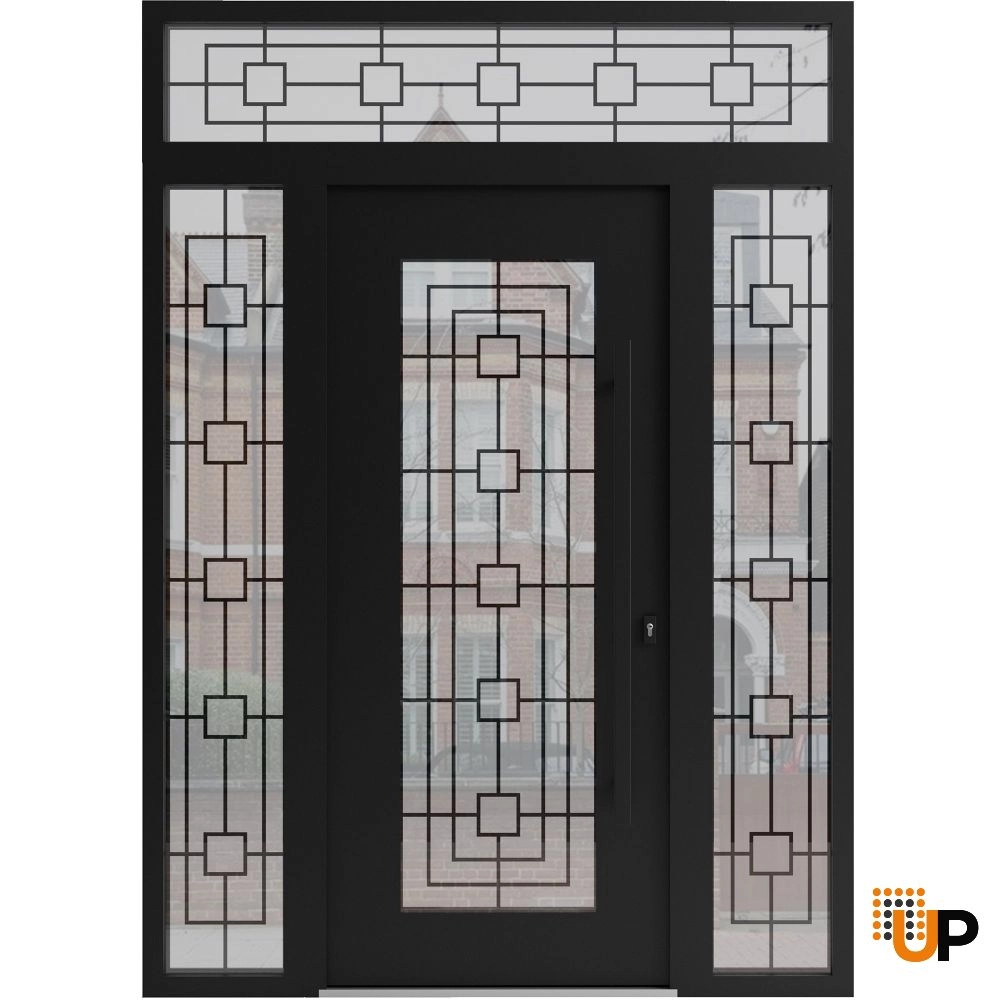Single swing wrought iron modern exterior door with triplex glass | Iron 1688 Black | 60 x 96 (12+36+12 x 80+16) photo#1