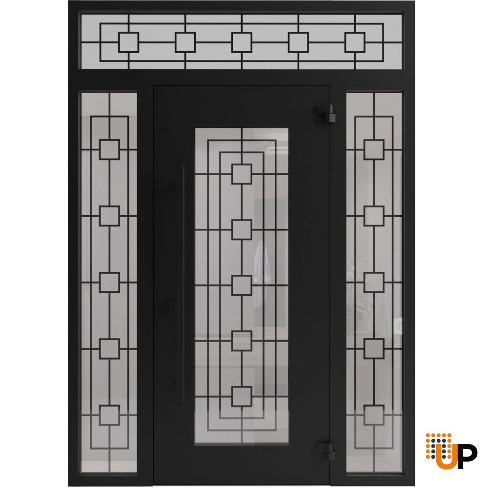 Single swing wrought iron modern exterior door with triplex glass | Iron 1688 Black | 64 x 96 (14+36+14 x 80+16) photo#2