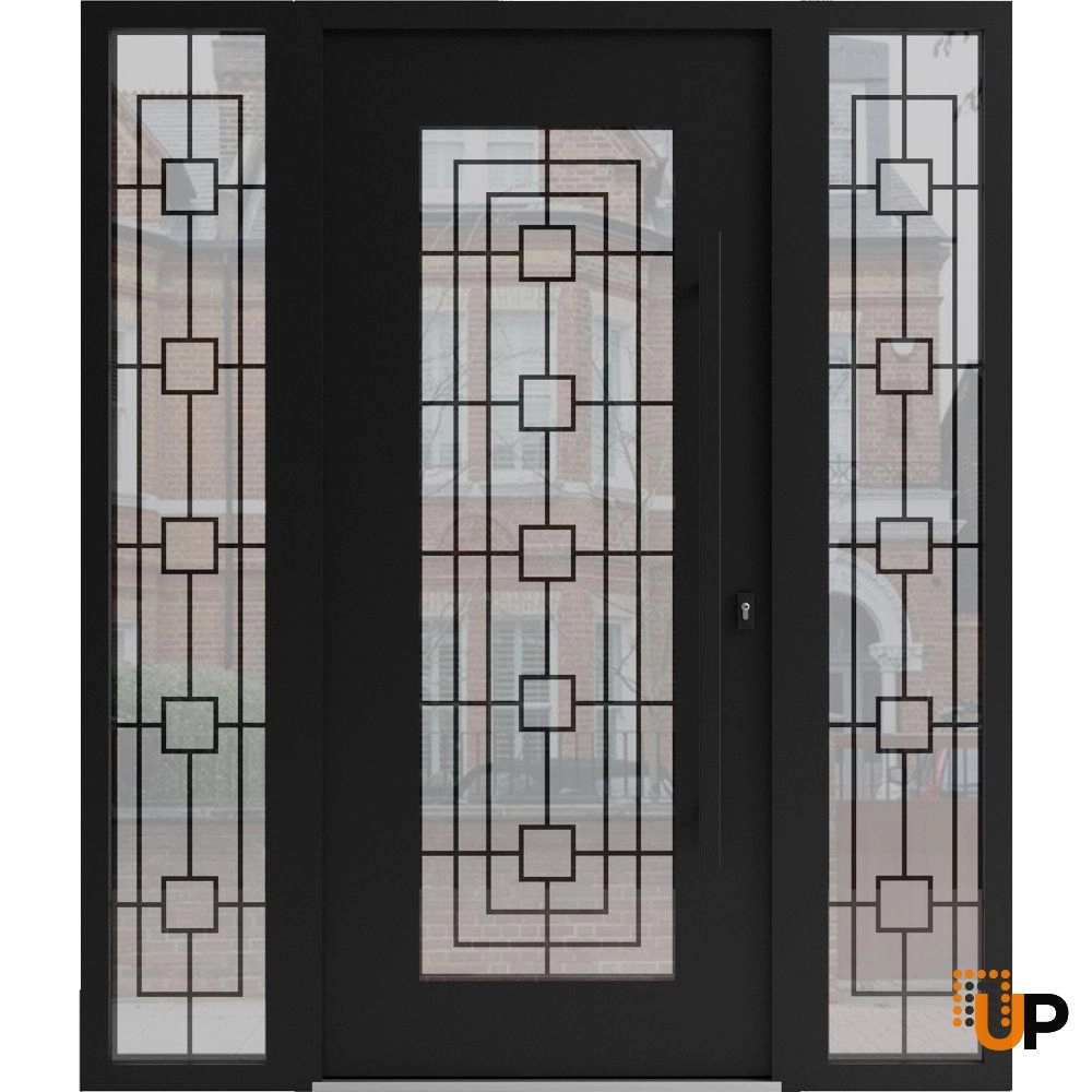 Single swing wrought iron modern exterior door with triplex glass | Iron 1688 Black | 68 x 80 (16+36+16 x 80) photo#1