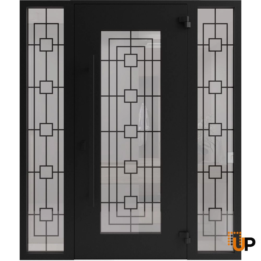 Single swing wrought iron modern exterior door with triplex glass | Iron 1688 Black | 68 x 80 (16+36+16 x 80) photo#2