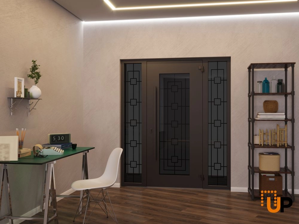 Single swing wrought iron modern exterior door with triplex glass | Iron 1688 Black | 68 x 80 (16+36+16 x 80) photo#4