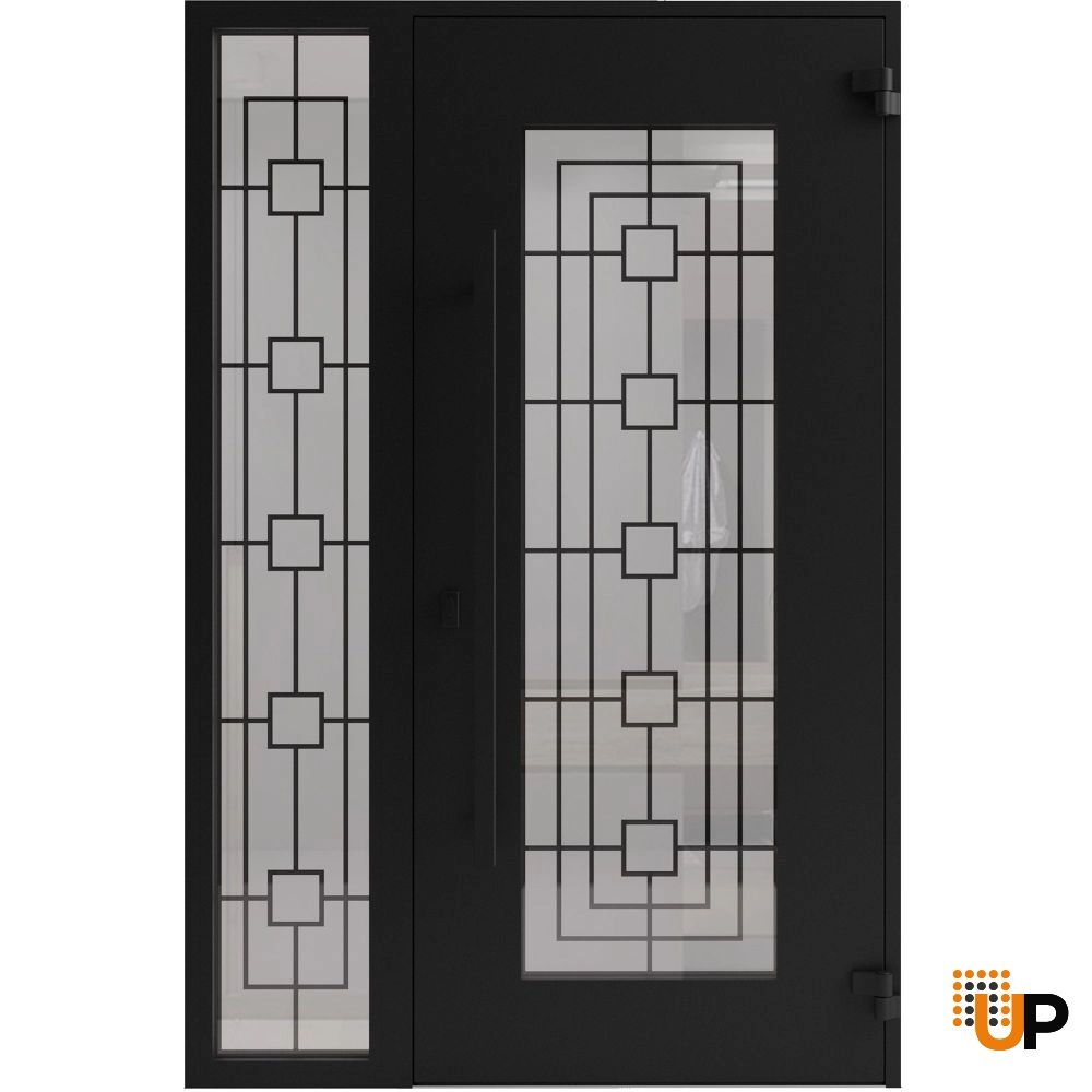Single swing wrought iron modern exterior door with triplex glass | Iron 1688 Black | 48 x 80 (36+12 x 80) photo#2