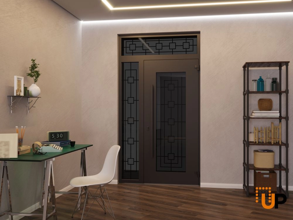 Single swing wrought iron modern exterior door with triplex glass | Iron 1688 Black | 48 x 96 (36+12 x 80+16) photo#4