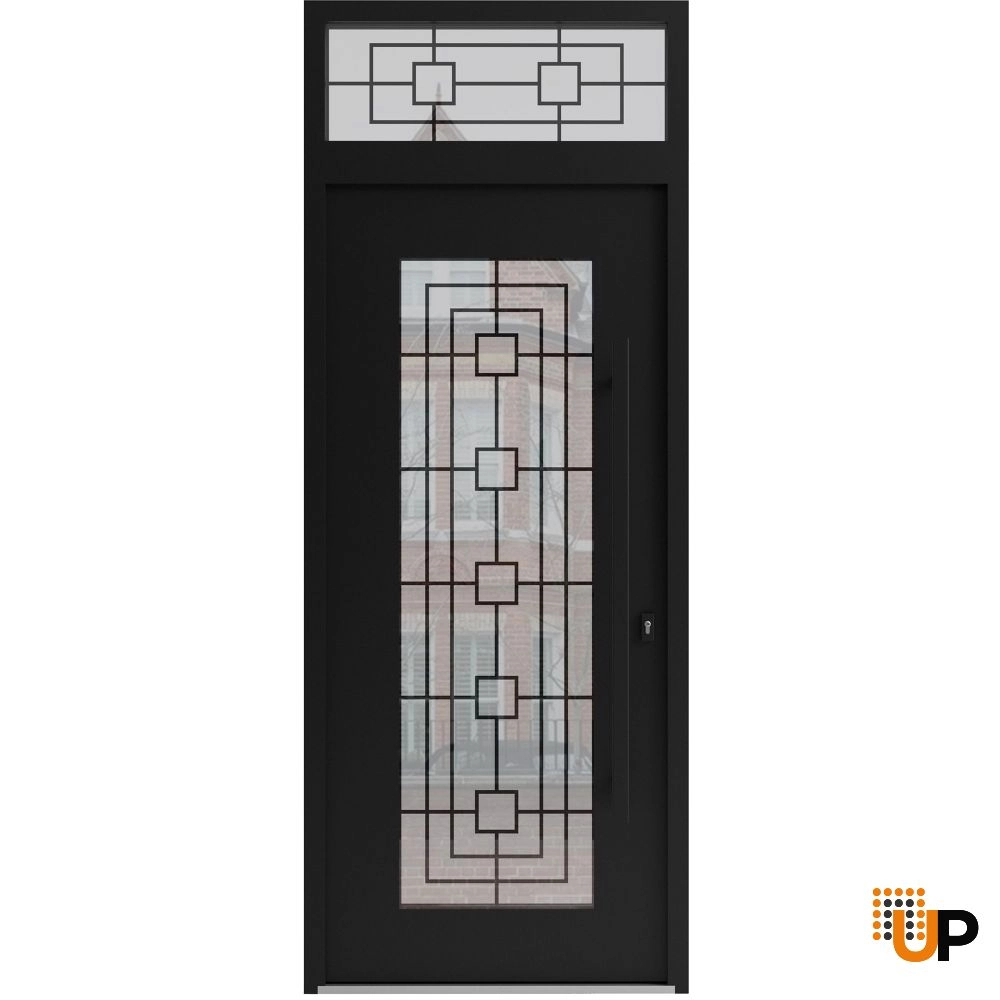 Single swing wrought iron modern exterior door with triplex glass | Iron 1688 Black | 36 x 96 (36 x 80+16) photo#1