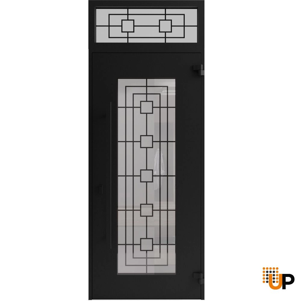Single swing wrought iron modern exterior door with triplex glass | Iron 1688 Black | 36 x 96 (36 x 80+16) photo#2