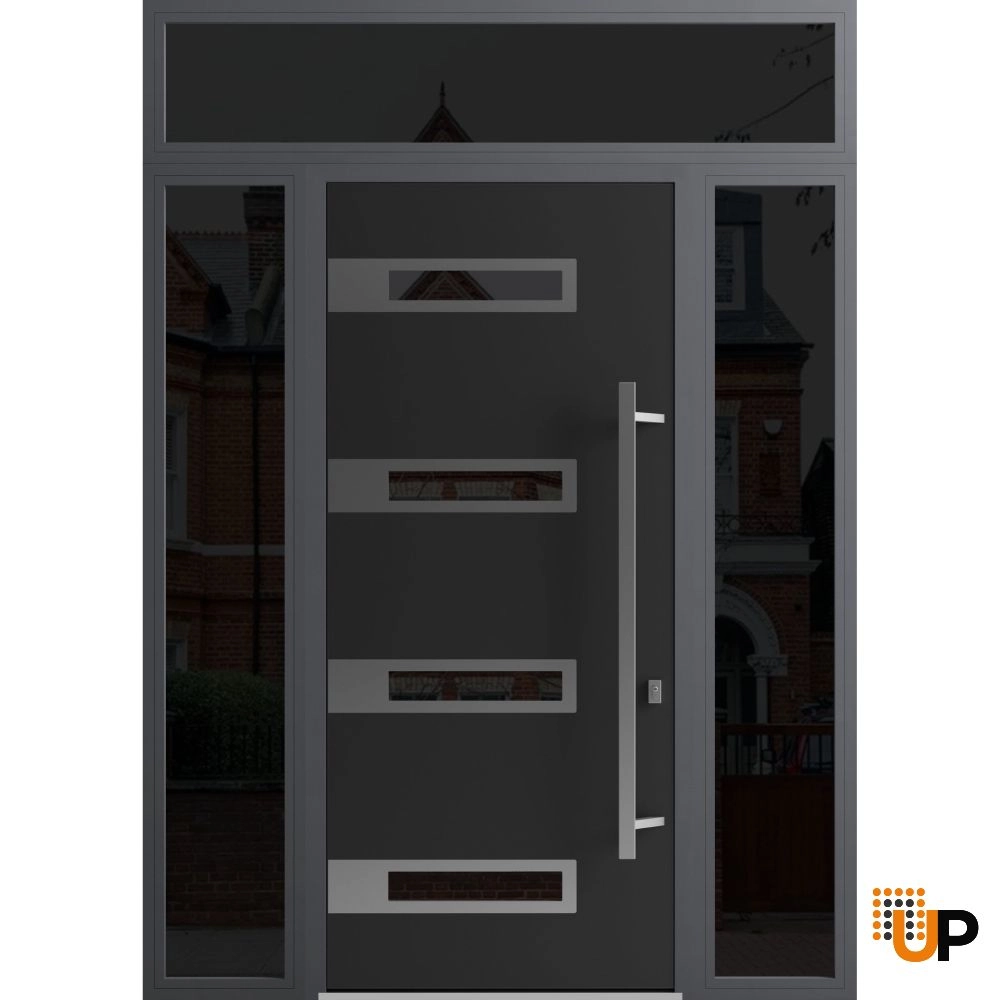 Single swing metal-aluminum modern exterior door with triplex | Ronex 0131 Black | 60 x 112 (W12+36+12 x H96+16) photo#1