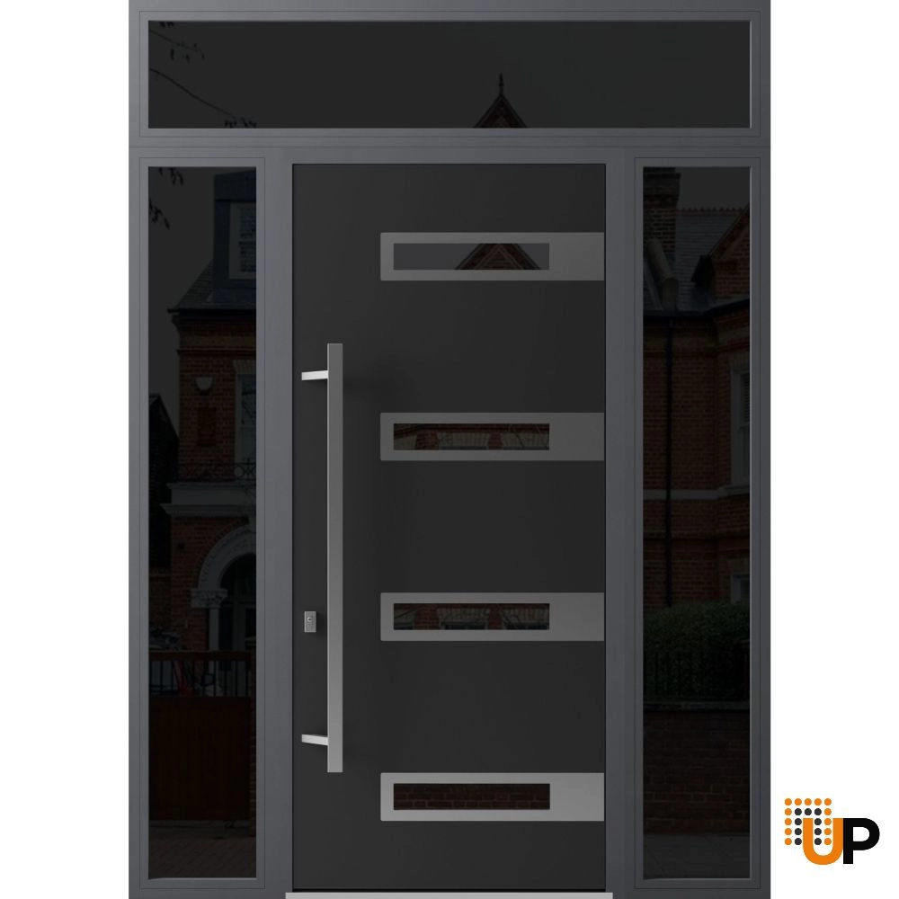 Single swing metal-aluminum modern exterior door with triplex glass | Ronex 0131 Black | 60 x 112 (W12+36+12 x H96+16) photo#1