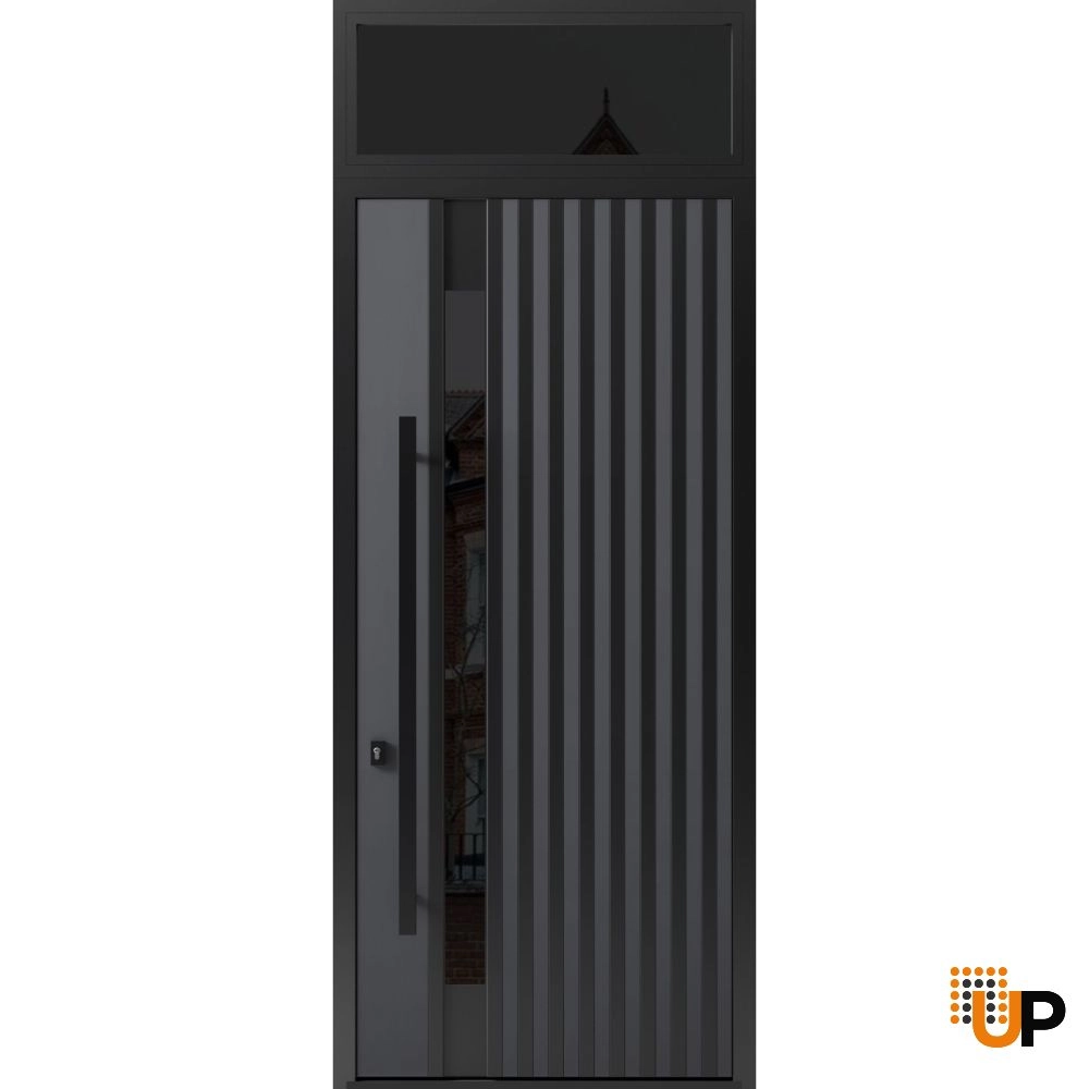 Single swing metal-aluminum modern exterior door with triplex glass | Ronex 0144 Gray | 36 x 112 (W36 x H96+16) photo#1
