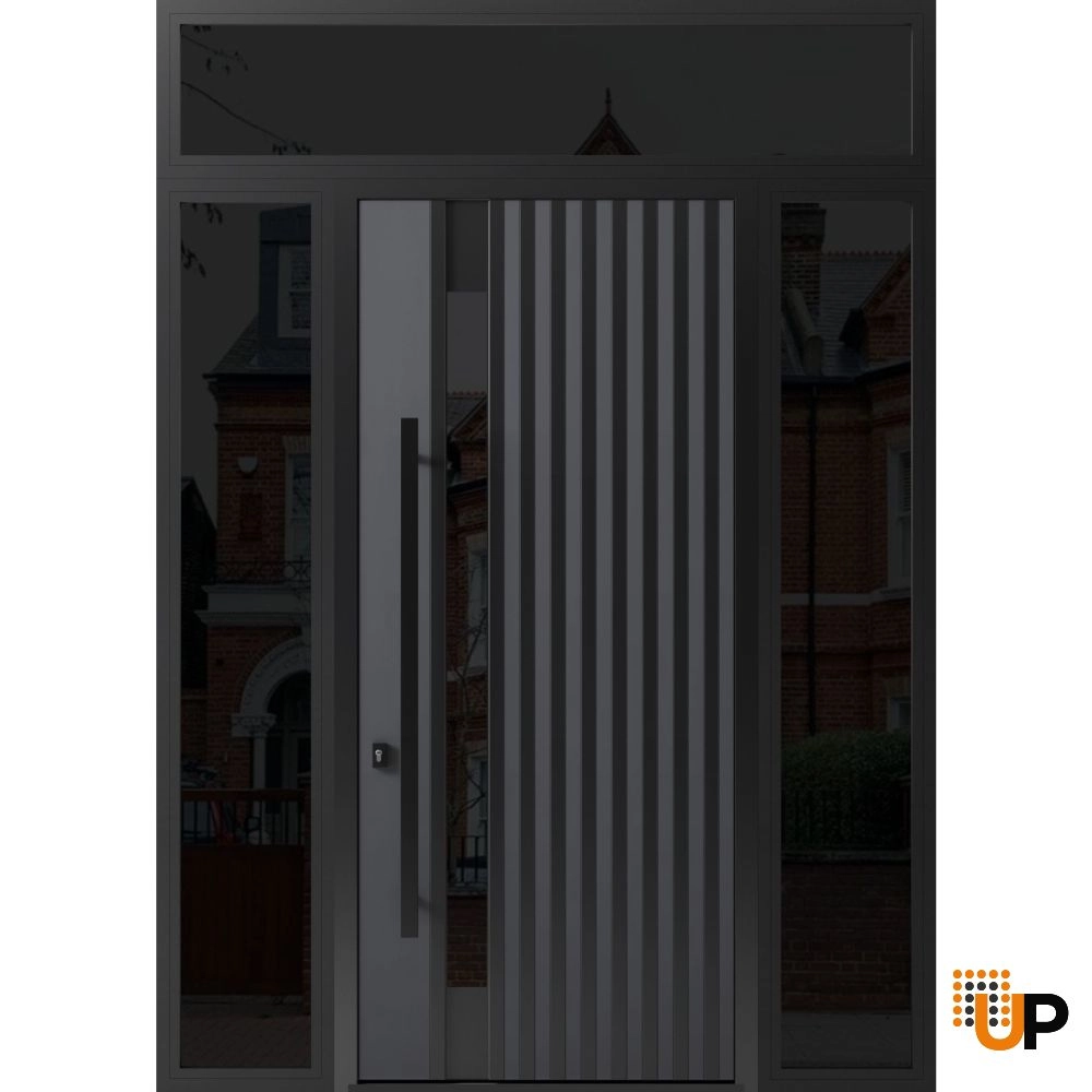 Single swing metal-aluminum modern exterior door with triplex glass | Ronex 0144 Gray | 64 x 112 (W14+36+14 x H96+16) photo#1