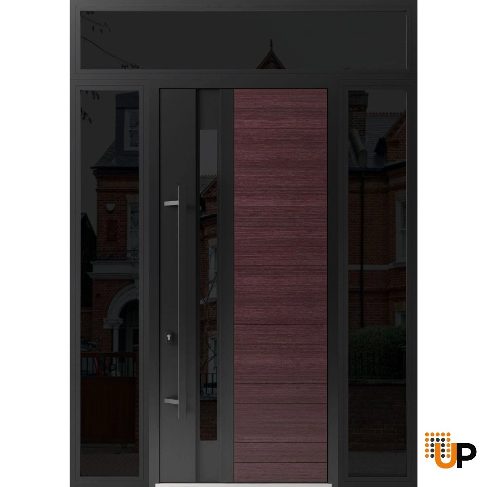 Single swing metal-aluminum modern exterior door with triplex glass | Ronex 0162 Red Oak | 64 x 112 (W14+36+14 x H96+16) photo#1