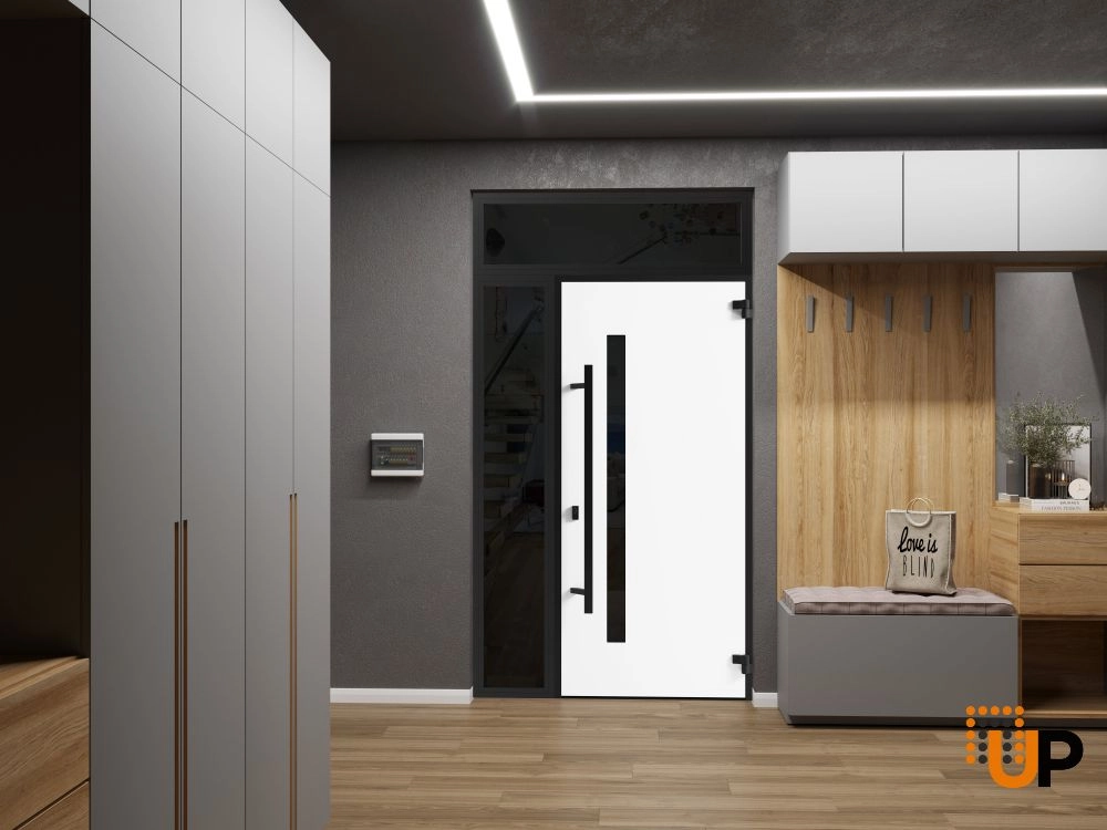 Single swing metal-aluminum modern exterior door with triplex | Ronex 0162 Red Oak | 48 x 96 photo#4