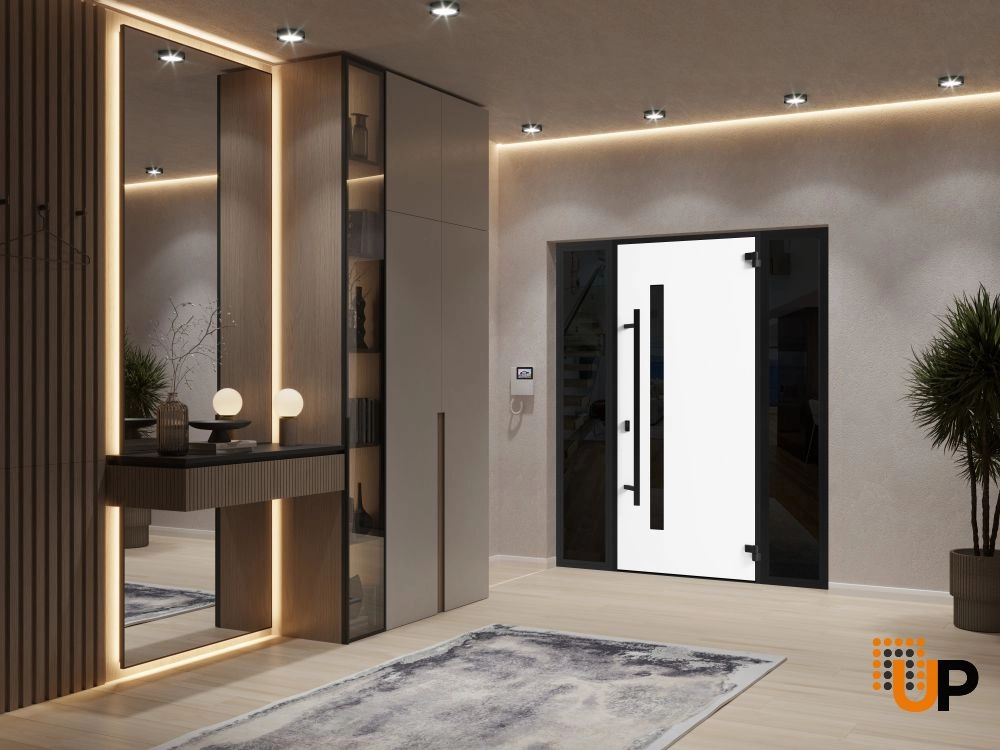 Single swing metal-aluminum modern exterior door with triplex | Ronex 0162 Red Oak | 60 x 80 photo#4