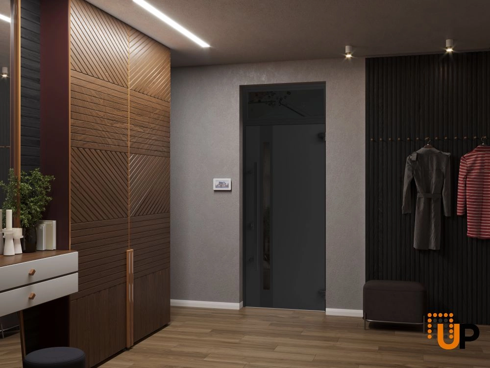 Single swing metal-aluminum modern exterior door with triplex | Ronex 1033 Oak | 36 x 96 (36 x 80+16) photo#4