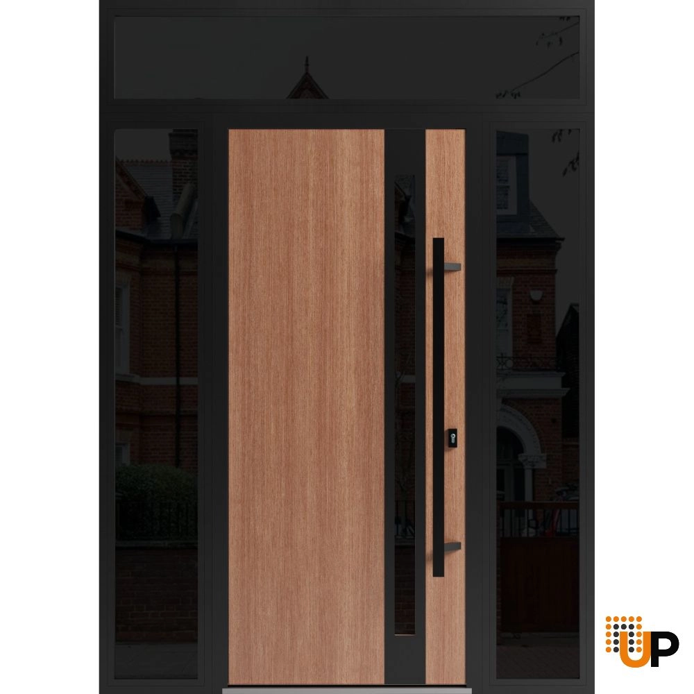 Single swing metal-aluminum modern exterior door with triplex | Ronex 1033 Oak | 60 x 96 (12+36+12 x 80+16) photo#1