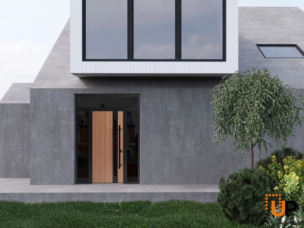 Single swing metal-aluminum modern exterior door with triplex | Ronex 1033 Oak | 60 x 96 (12+36+12 x 80+16) photo#3