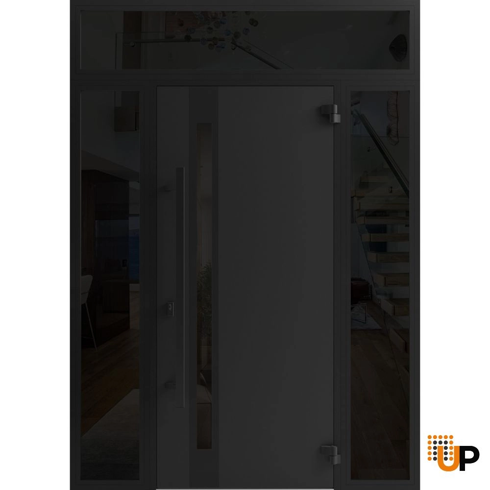 Single swing metal-aluminum modern exterior door with triplex | Ronex 1033 Oak | 60 x 96 (12+36+12 x 80+16) photo#2