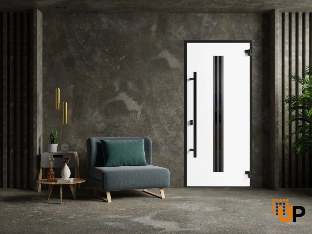 Single swing metal-aluminum modern exterior door with triplex | Ronex 1055 Oak | 36 x 80 photo#4