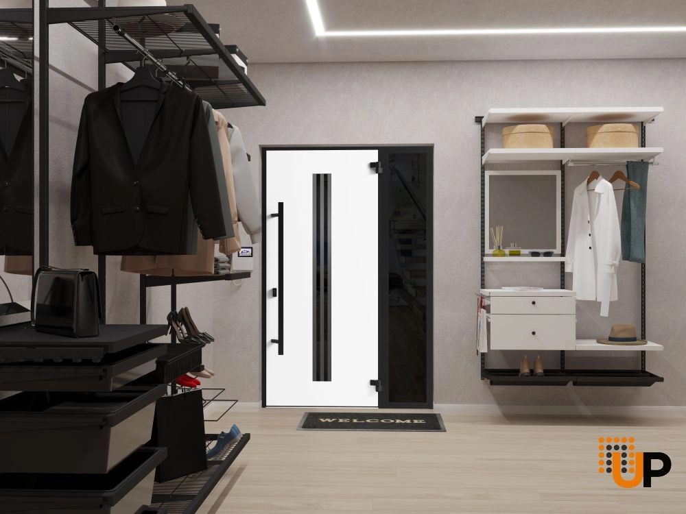 Single swing metal-aluminum modern exterior door with triplex | Ronex 1055 Oak | 48 x 80 photo#4