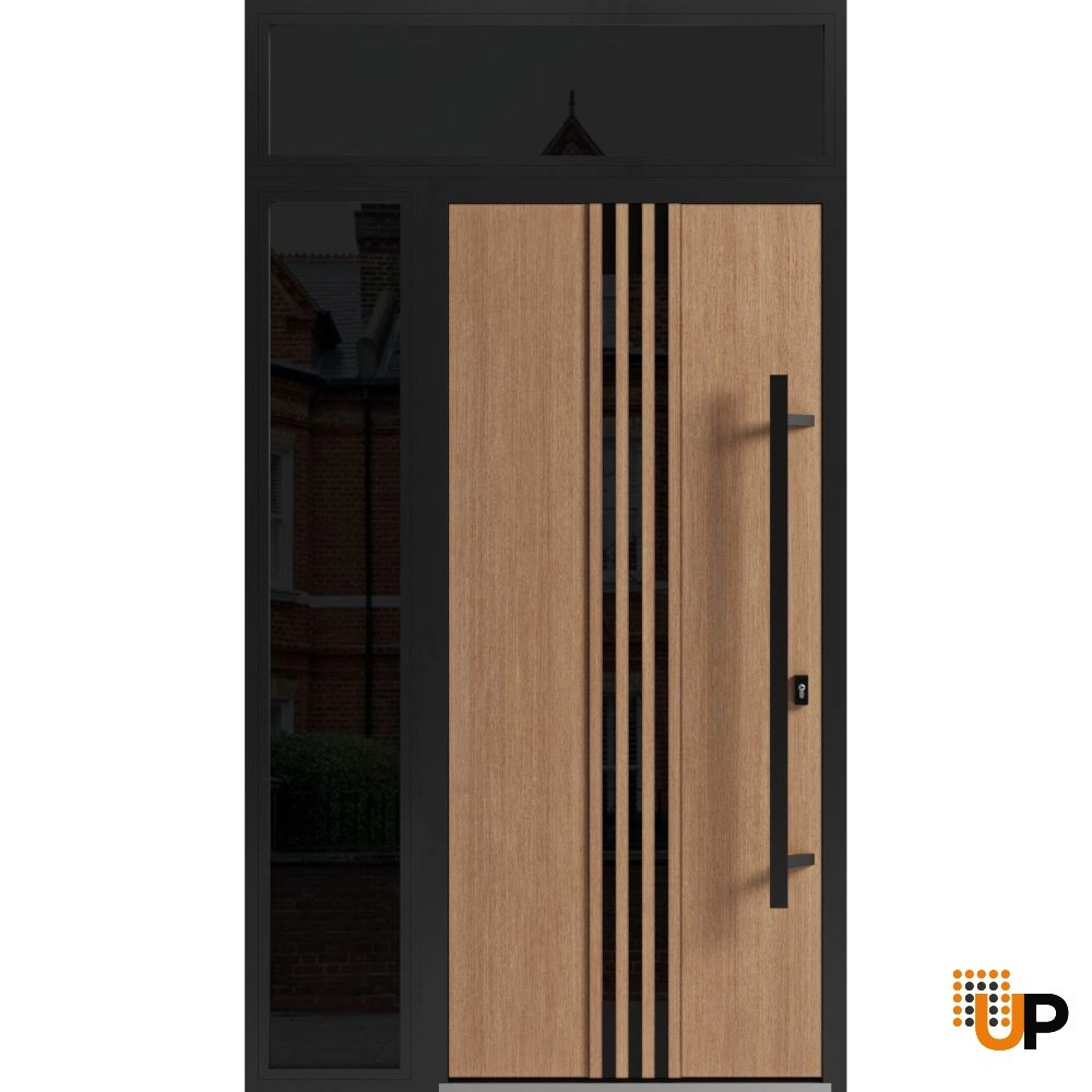 Single swing metal-aluminum modern exterior door with triplex | Ronex 1055 Oak | 48 x 96 photo#1