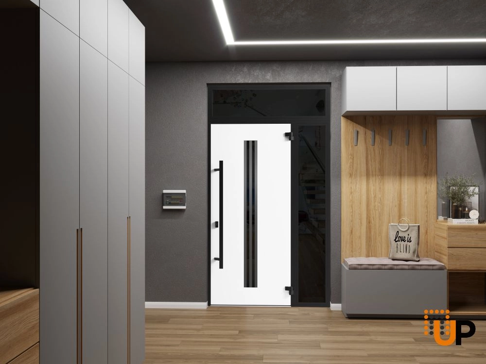 Single swing metal-aluminum modern exterior door with triplex | Ronex 1055 Oak | 48 x 96 photo#4