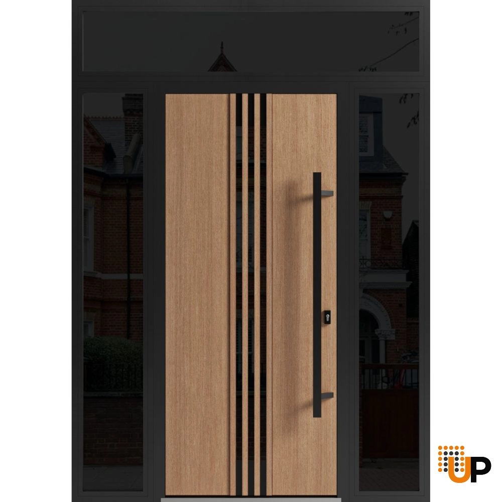 Single swing metal-aluminum modern exterior door with triplex | Ronex 1055 Oak | 60 x 96 photo#1