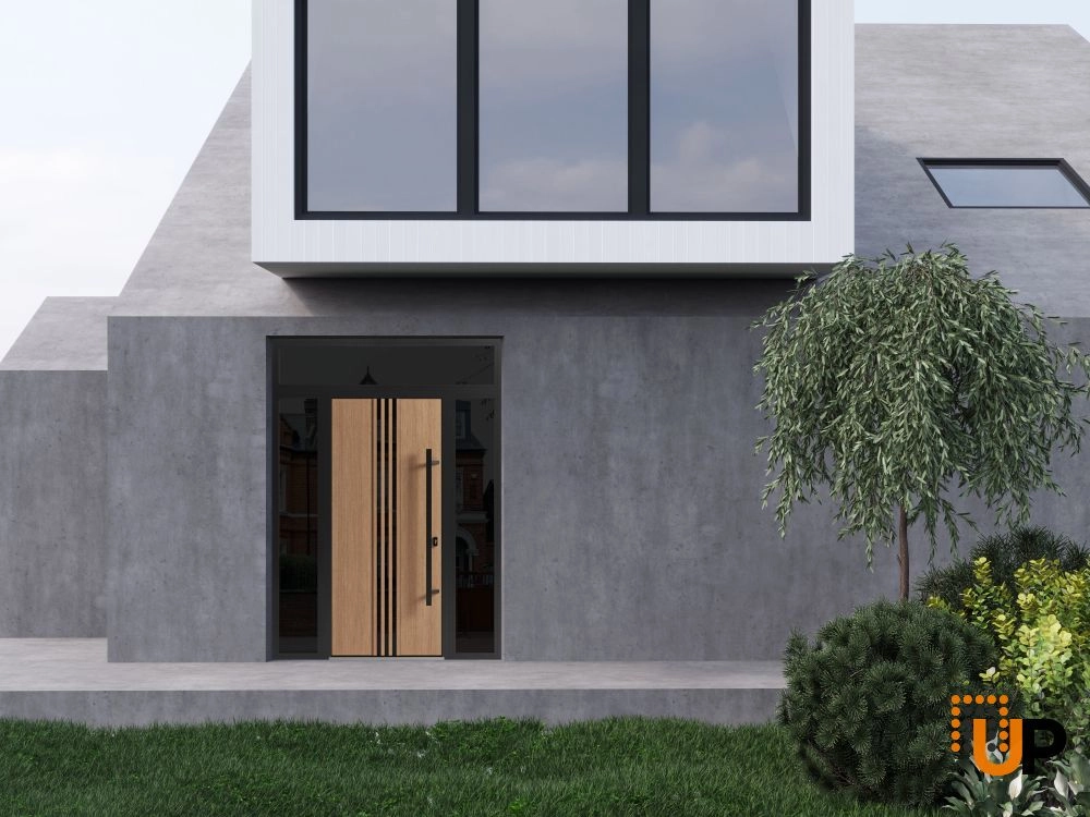 Single swing metal-aluminum modern exterior door with triplex | Ronex 1055 Oak | 60 x 96 photo#3