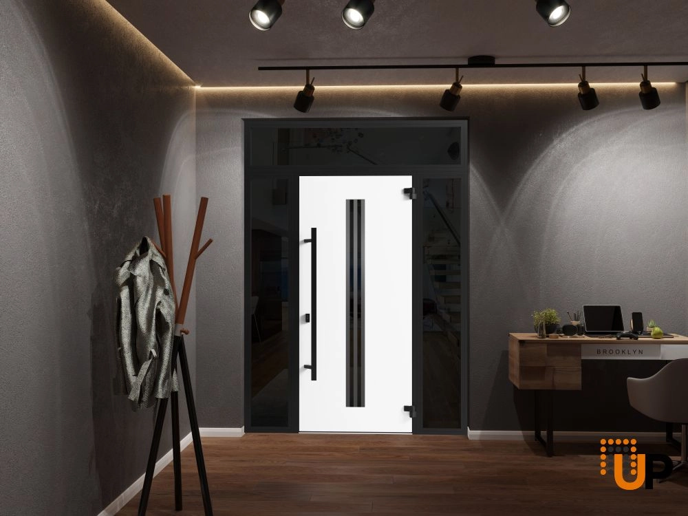 Single swing metal-aluminum modern exterior door with triplex | Ronex 1055 Oak | 60 x 96 photo#4