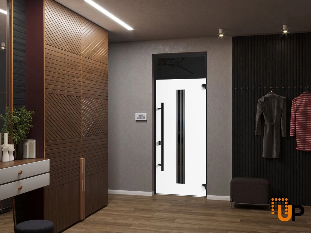 Single swing metal-aluminum modern exterior door with triplex | Ronex 1055 Oak | 36 x 96 photo#4