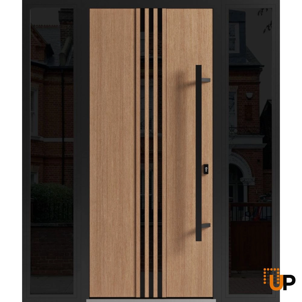 Single swing metal-aluminum modern exterior door with triplex | Ronex 1055 Oak | 60 x 80 photo#1