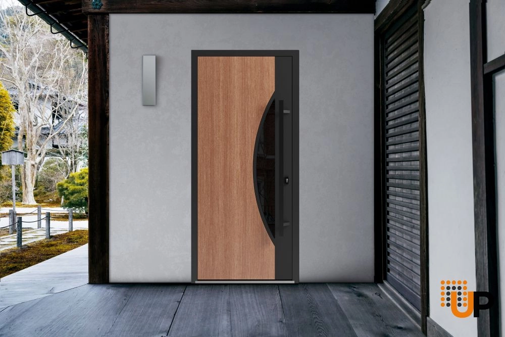 Single swing metal-aluminum modern exterior door with triplex | Ronex 1077 Teak | 36 x 80 photo#3