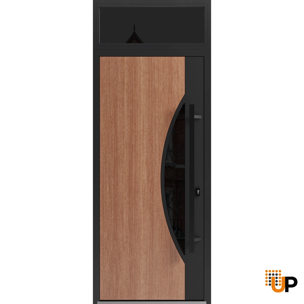 Single swing metal-aluminum modern exterior door with triplex | Ronex 1077 Teak | 36 x 96 photo#1