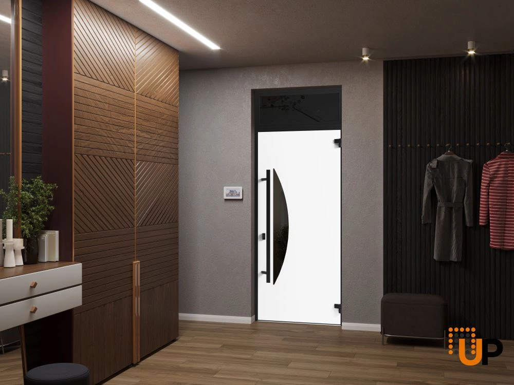Single swing metal-aluminum modern exterior door with triplex | Ronex 1077 Teak | 36 x 96 photo#4