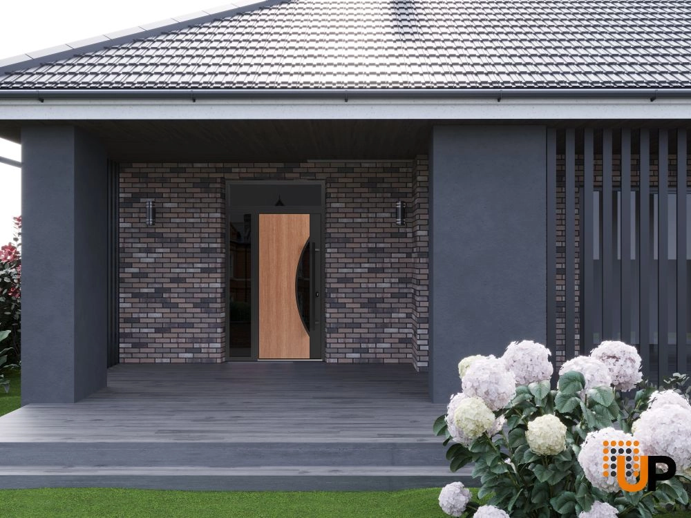 Single swing metal-aluminum modern exterior door with triplex | Ronex 1077 Teak | 48 x 96 photo#3