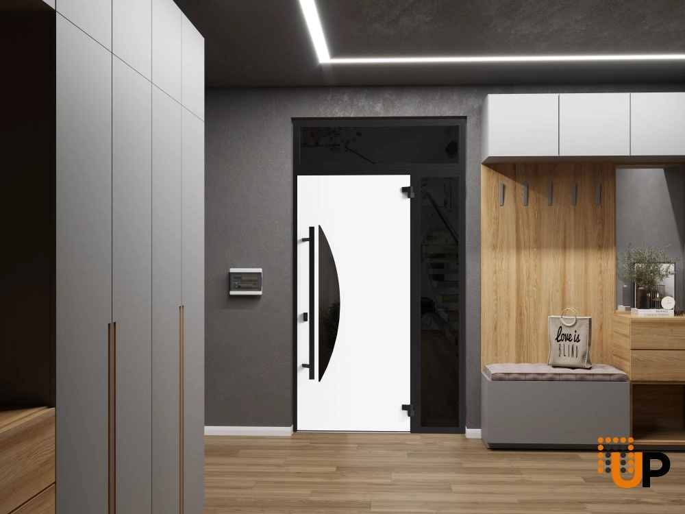 Single swing metal-aluminum modern exterior door with triplex | Ronex 1077 Teak | 48 x 96 photo#4
