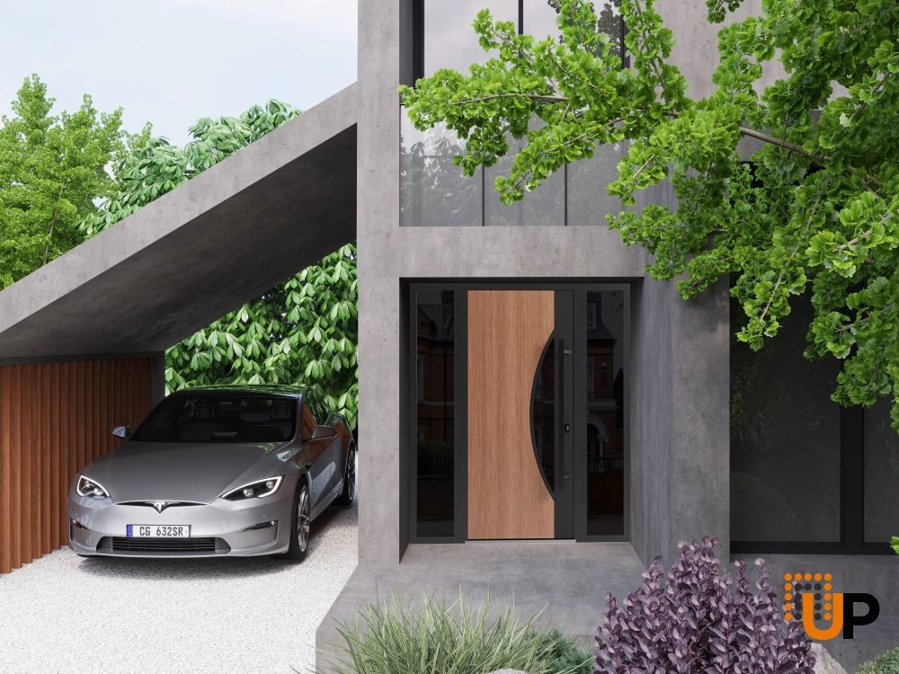Single swing metal-aluminum modern exterior door with triplex | Ronex 1077 Teak | 60 x 80 photo#3