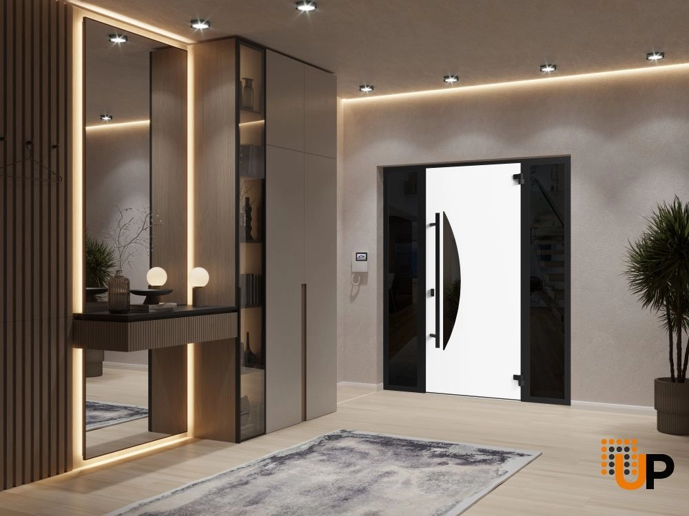 Single swing metal-aluminum modern exterior door with triplex | Ronex 1077 Teak | 60 x 80 photo#4