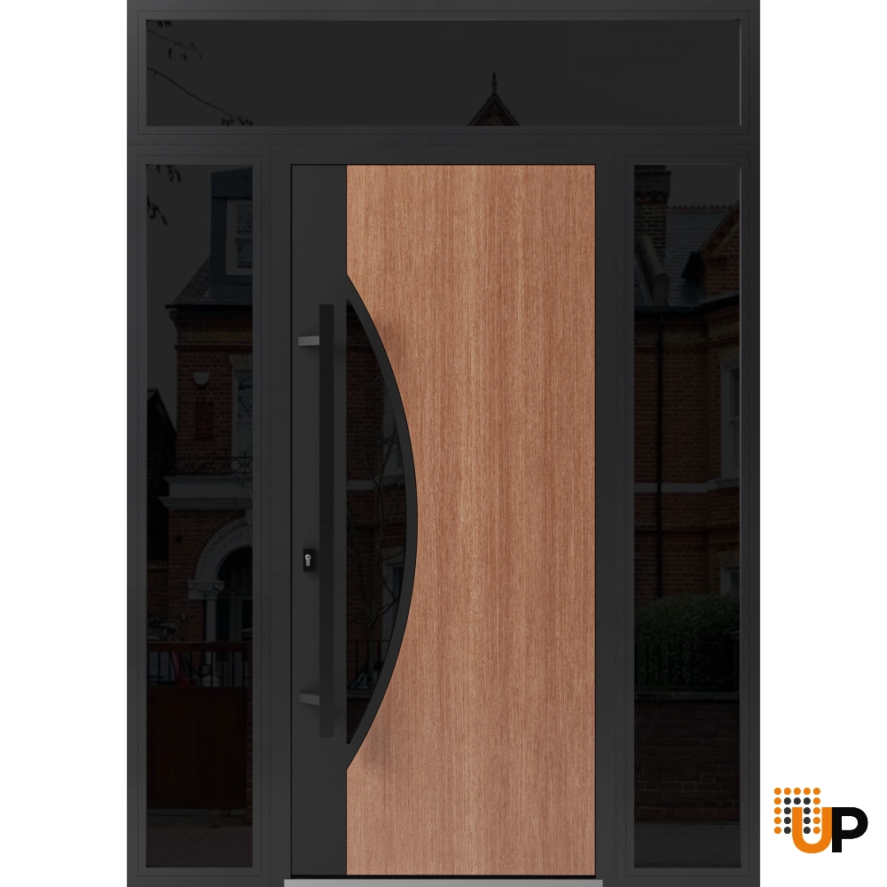 Single swing metal-aluminum modern exterior door with triplex glass | Ronex 1077 Teak | 64 x 96 photo#1