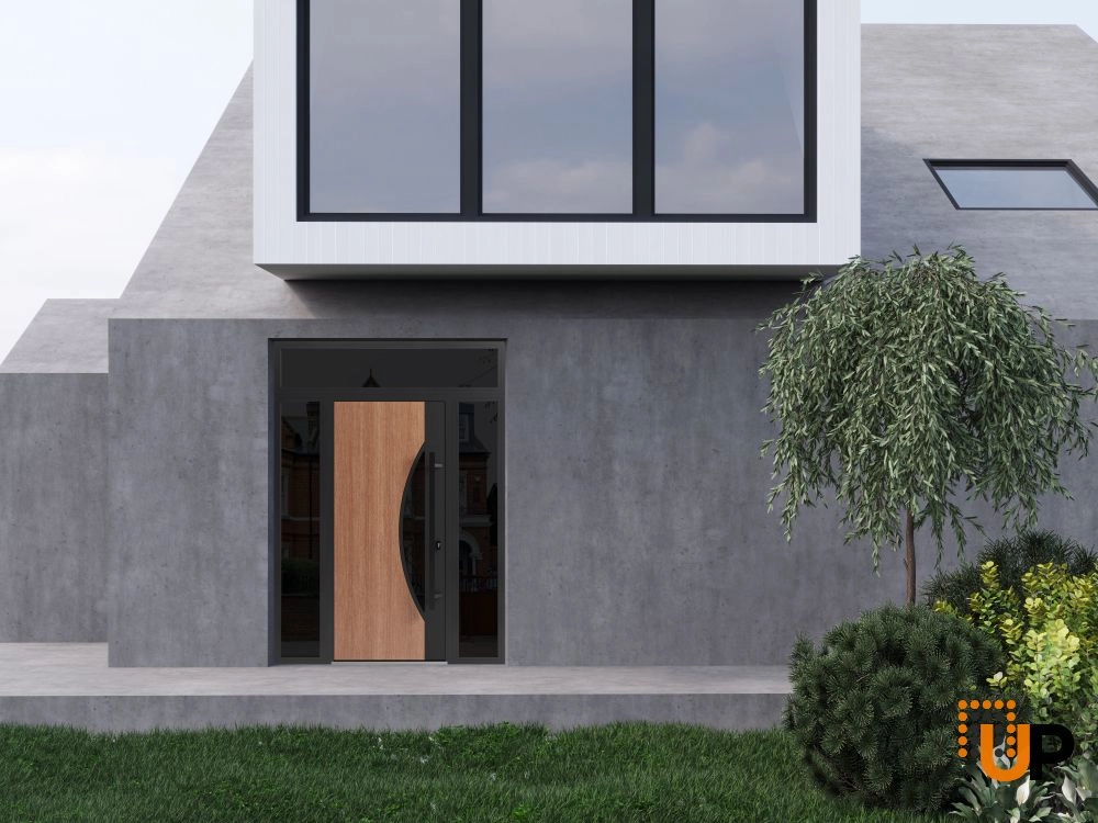 Single swing metal-aluminum modern exterior door with triplex | Ronex 1077 Teak | 60 x 96 photo#3