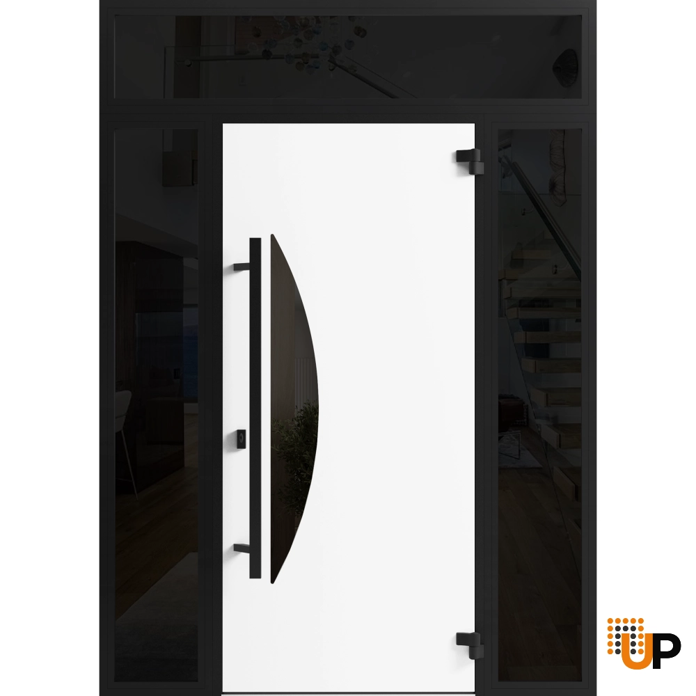 Single swing metal-aluminum modern exterior door with triplex | Ronex 1077 Teak | 60 x 96 photo#2