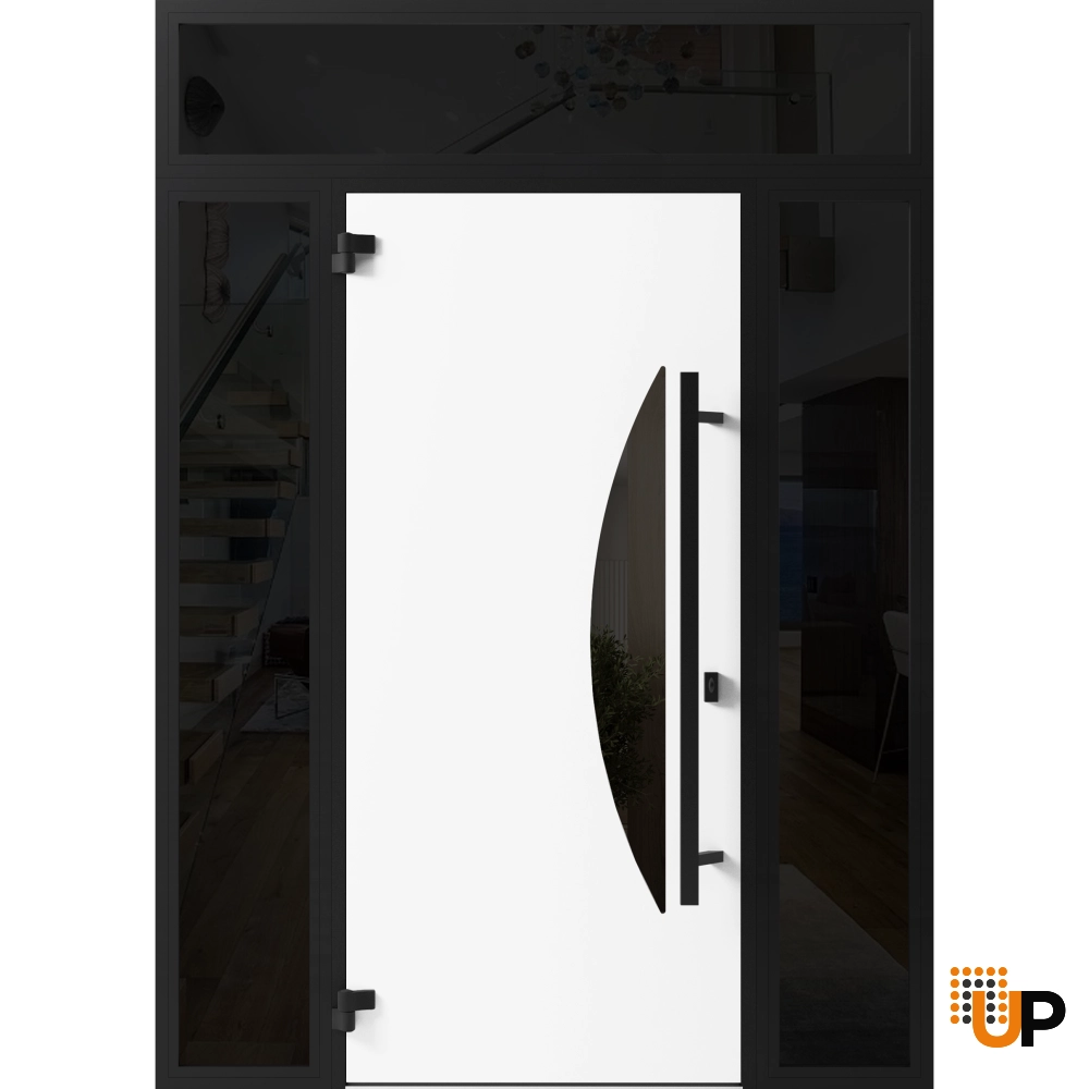 Single swing metal-aluminum modern exterior door with triplex glass | Ronex 1077 Teak | 64 x 96 photo#2
