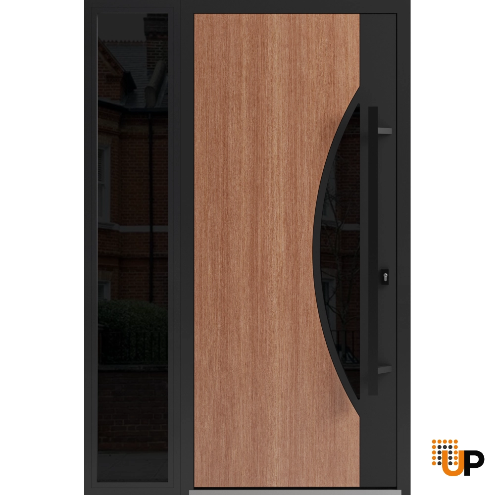 Single swing metal-aluminum modern exterior door with triplex | Ronex 1077 Teak | 48 x 80 photo#1