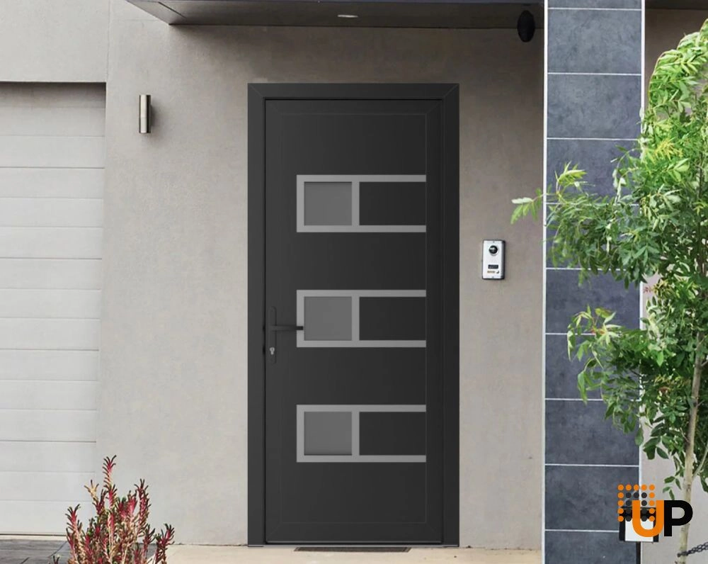 Single swing metal-plastic modern exterior door with tempered | Manux 8933 Black Matte | 36 x 80 photo#2