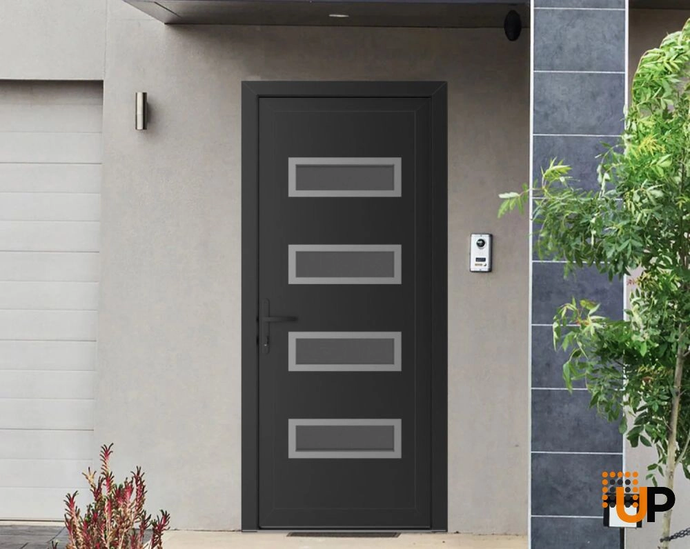 Single swing metal-plastic modern exterior door with tempered | Manux 8113 Black Matte | 32 x 80 photo#2