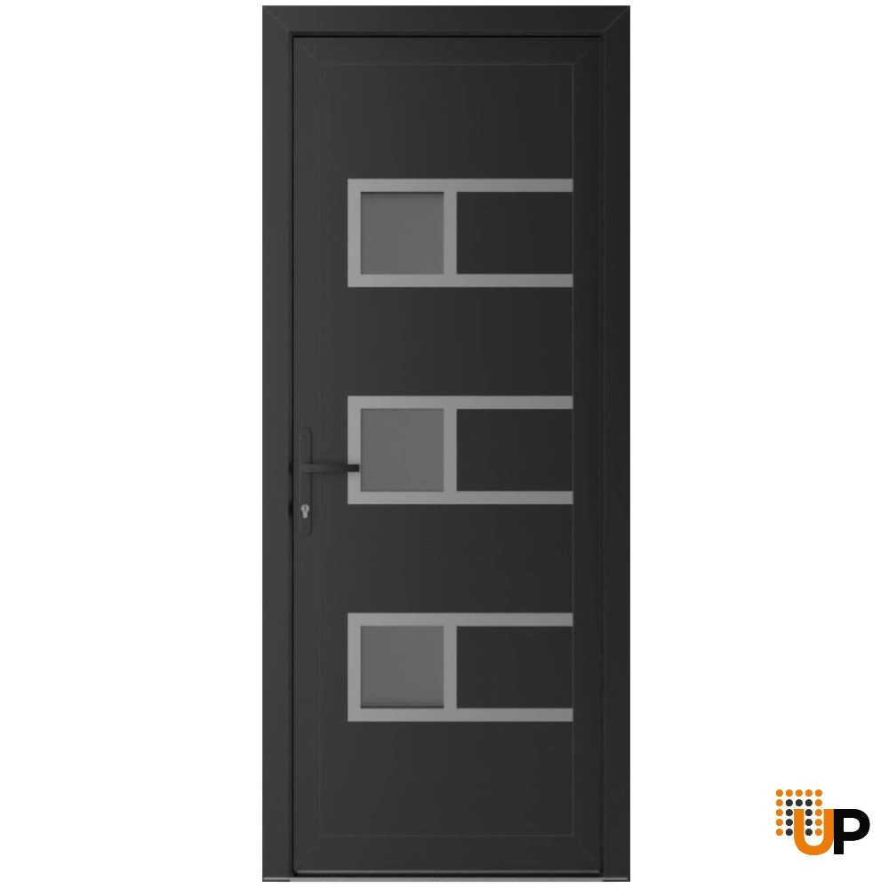 Single swing metal-plastic modern exterior door with tempered | Manux 8933 Black Matte | 30 x 80 photo#1