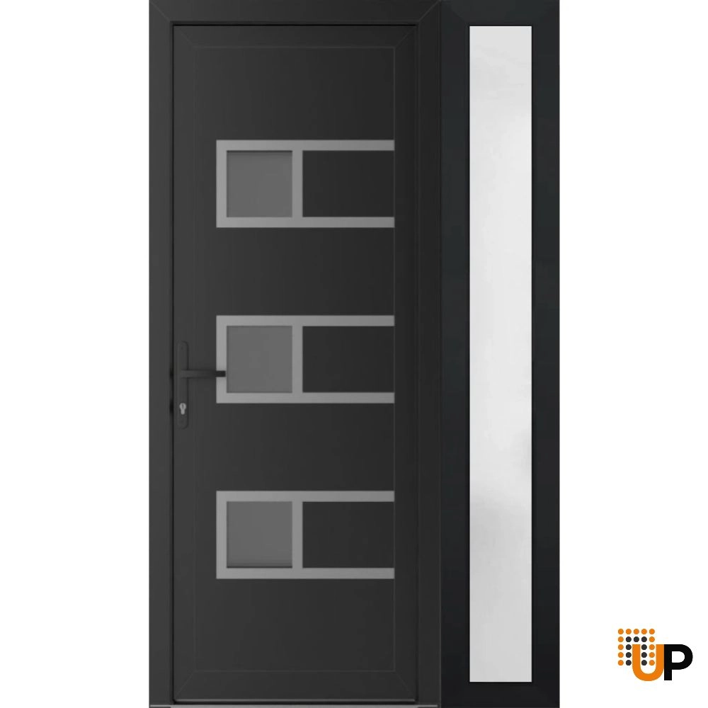 Single swing vinyl modern exterior door with tempered glass | Manux 8933 Black Matte | 44 x 80 (32+12 x 80) photo#1