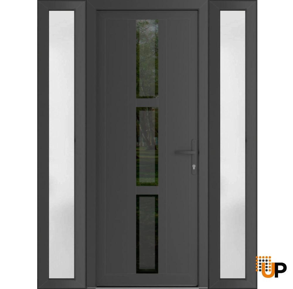 Single swing vinyl modern exterior door with tempered glass | Manux 8112 Antracite | 68 x 80 (16+36+16 x 80) photo#1