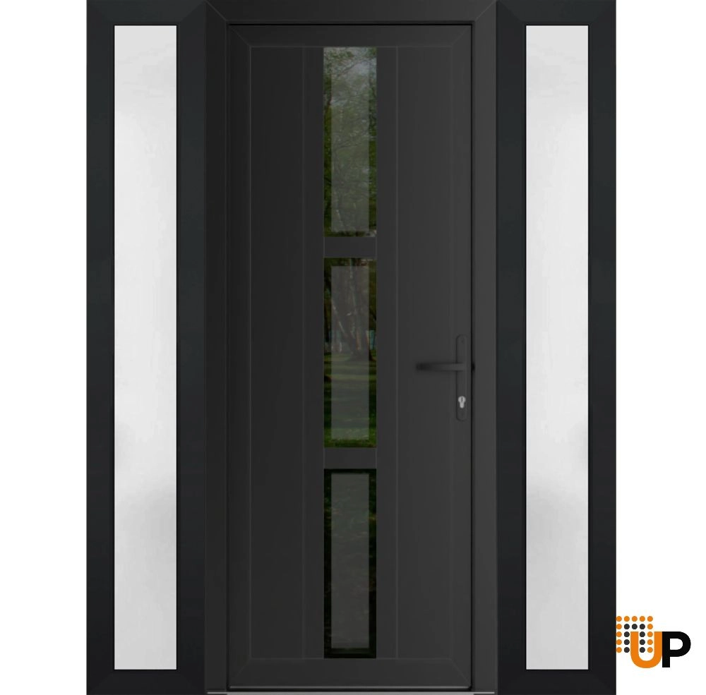 Single swing vinyl modern exterior door with clear glass | Manux 8112 Black Matte | 64 x 80 (16+32+16 x 80) photo#1