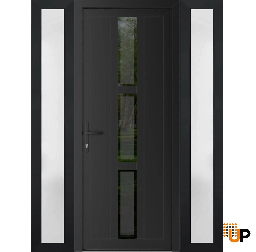 Single swing metal-plastic modern exterior door with tempered | Manux 8112 Black Matte | 64 x 80 (14+36+14 x 80) photo#1