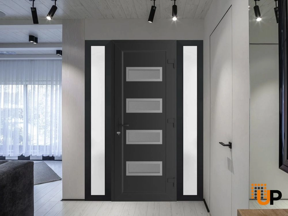 Single swing metal-plastic modern exterior door with tempered | Manux 8113 Black Matte | 56 x 80 (12+32+12 x 80) photo#2