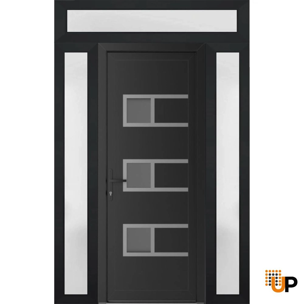 Single swing vinyl modern exterior door with tempered glass | Manux 8933 Black Matte | 60 x 94 (14+32+14 x 80+14) photo#1